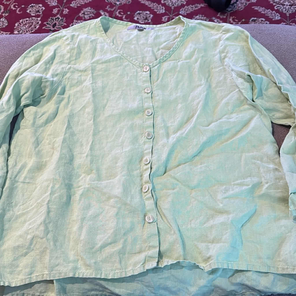 100% Linen Tunic Top Button Front Shirt Lime Green Size Small Flax (Td)